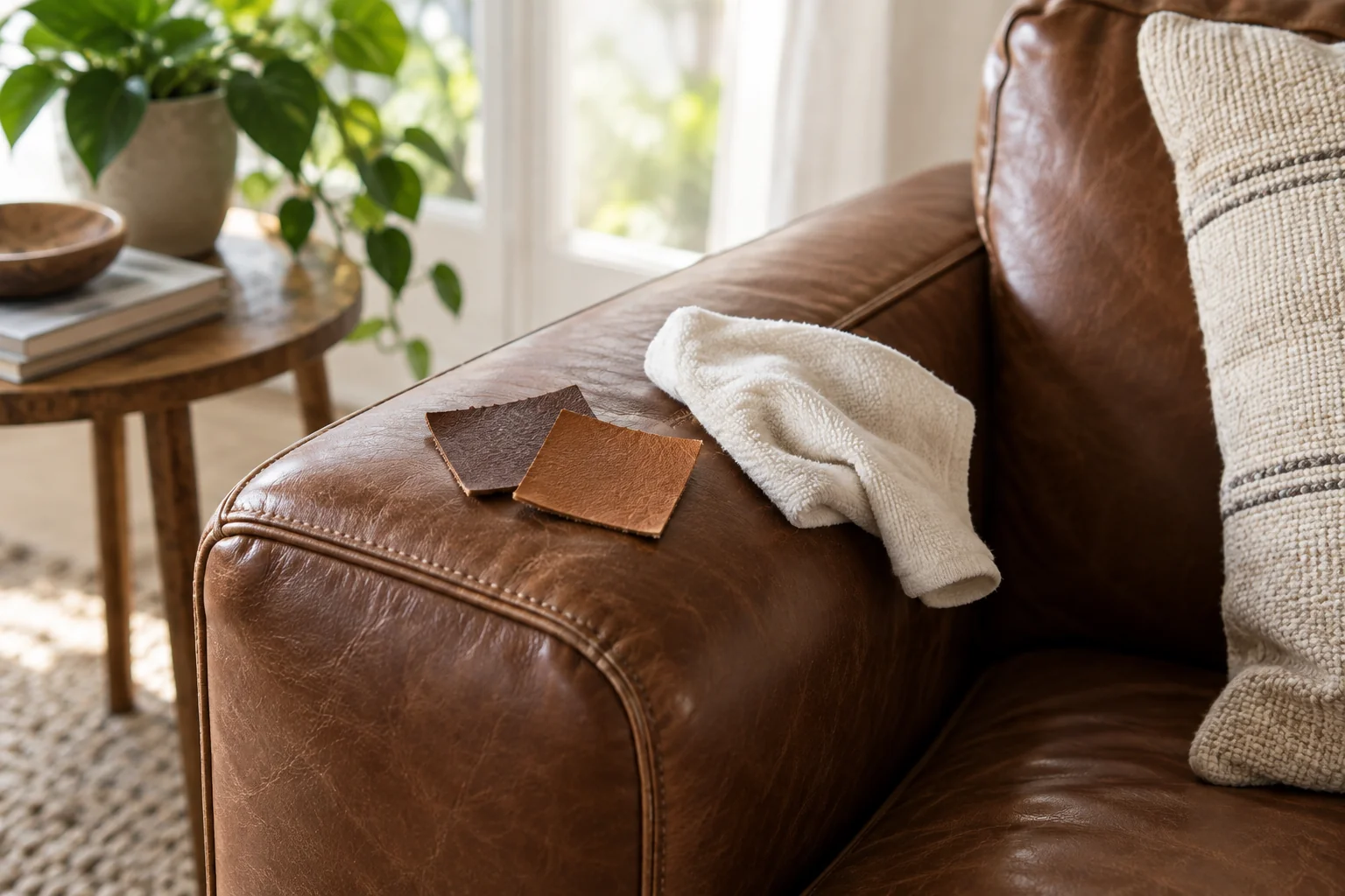 Brown leather sofa arm with two leather swatches and a folded cloth