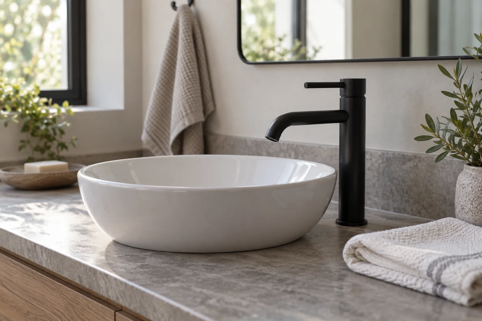 Black faucet above a white basin with a folded cloth beside it