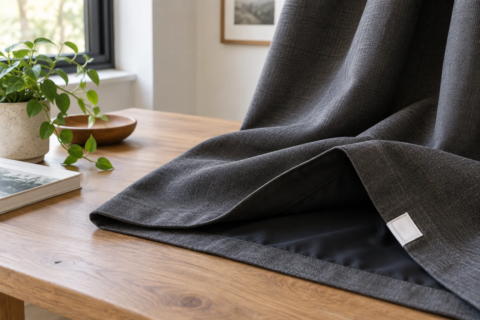 Dark neutral curtain showing its reverse side and a blank sewn care tag
