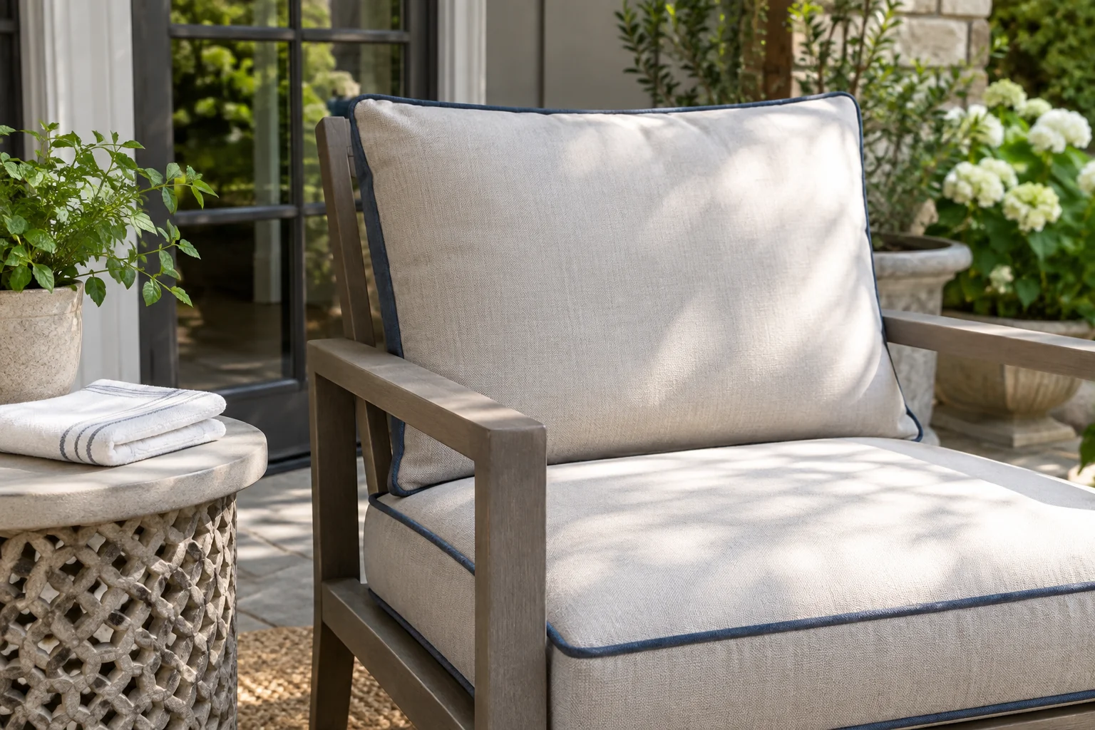 Outdoor cushion with a contrasting fabric edge on a patio chair, folded clean cloth nearby and no chemicals