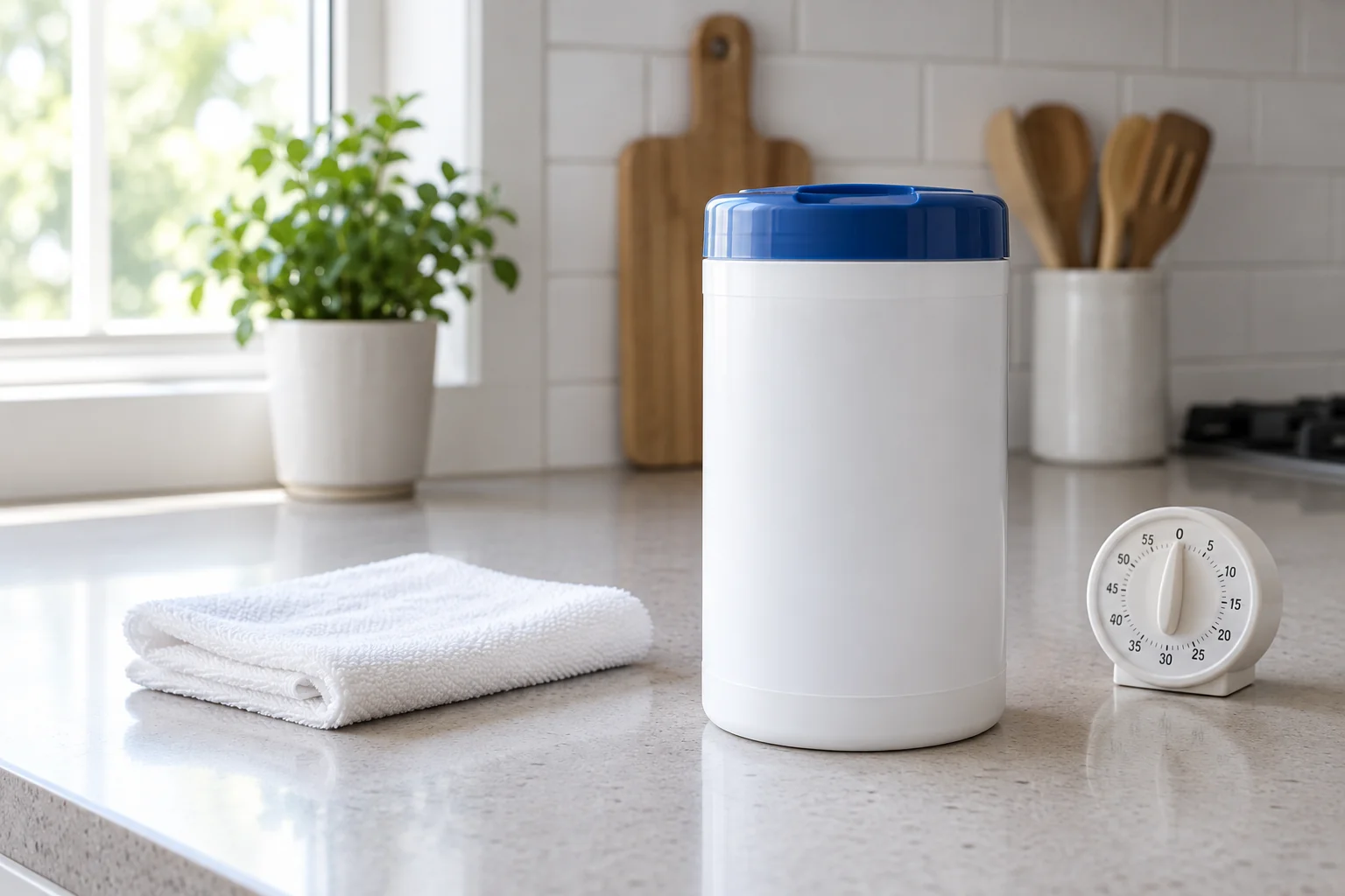 Plain cleaning wipes canister, white cloth and small timer on a kitchen counter