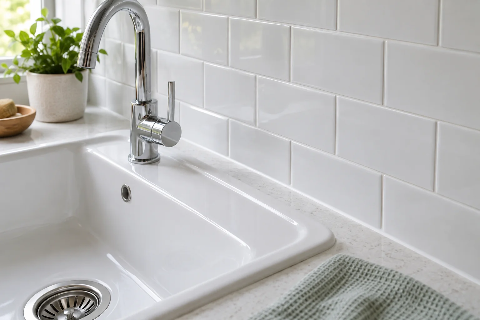 White sink beside a tiled backsplash with a neat white sealant joint and a soft cloth on the counter