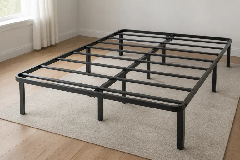 Bare bed frame with cross slats, a central support rail and legs touching the floor