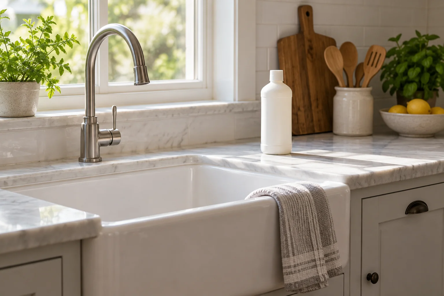 White kitchen sink with a towel draped over its rim and a closed plain bottle on the counter