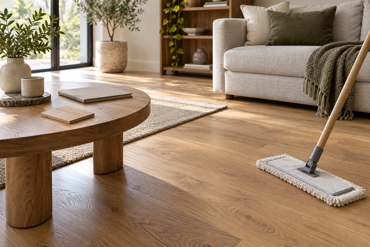 Engineered wood floor with a dry microfiber mop and flooring sample beside care paperwork