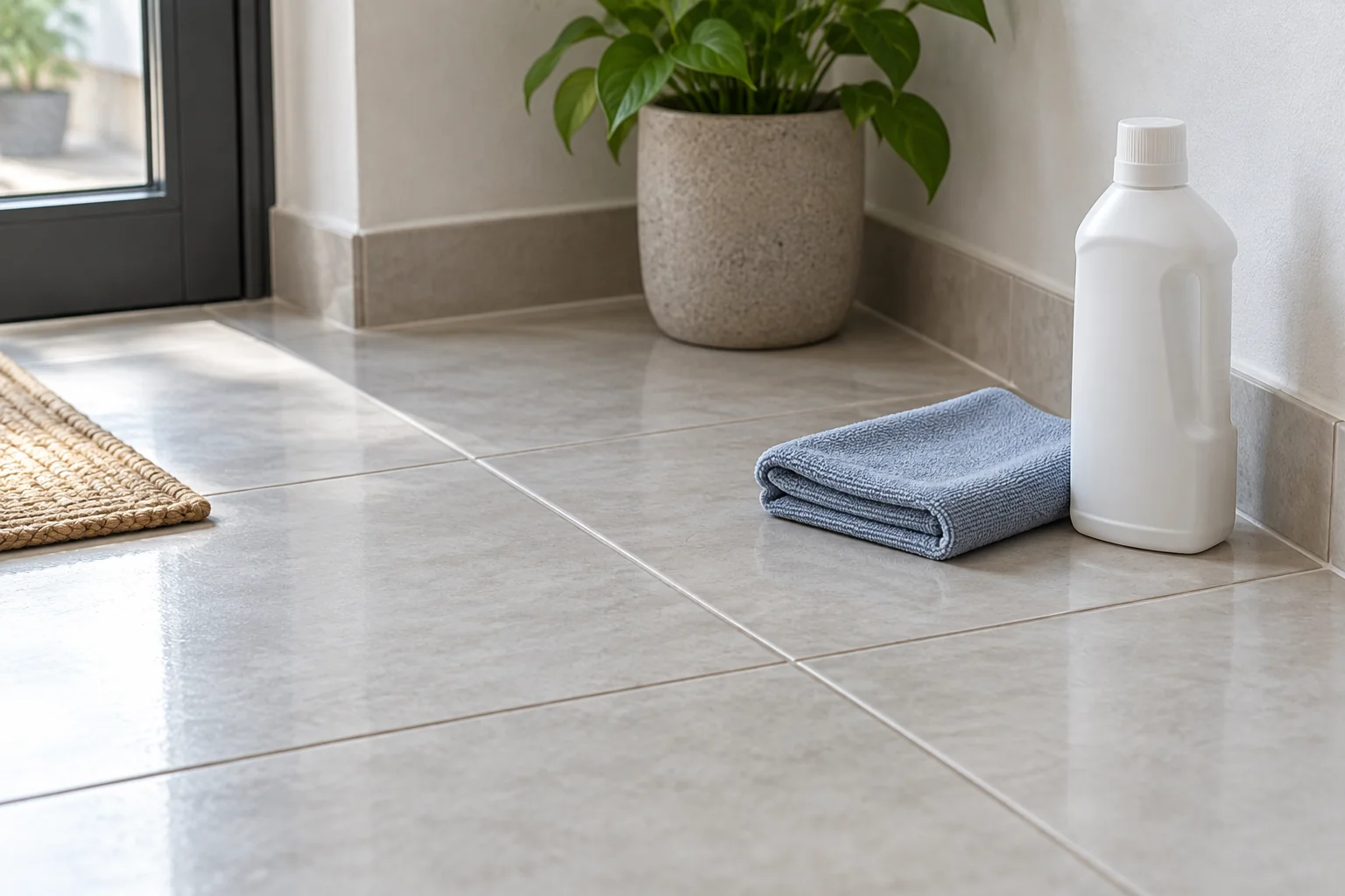 Tile and grout beside a folded cloth and a closed white bottle
