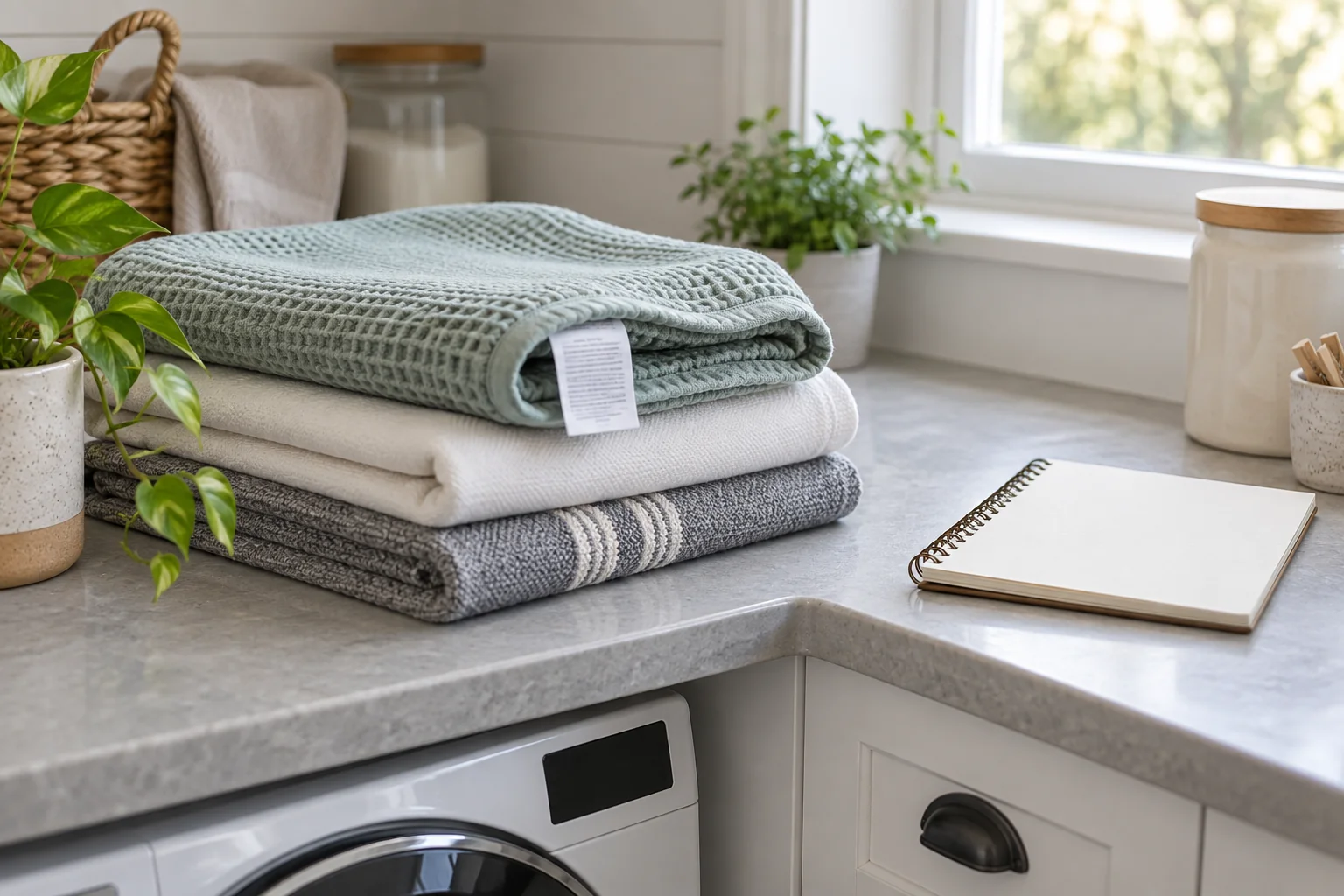Folded household textiles with a sewn care label and a blank notebook on a laundry counter