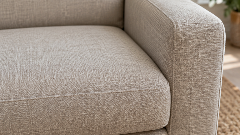 Close view of a woven fabric seat cushion and padded arm