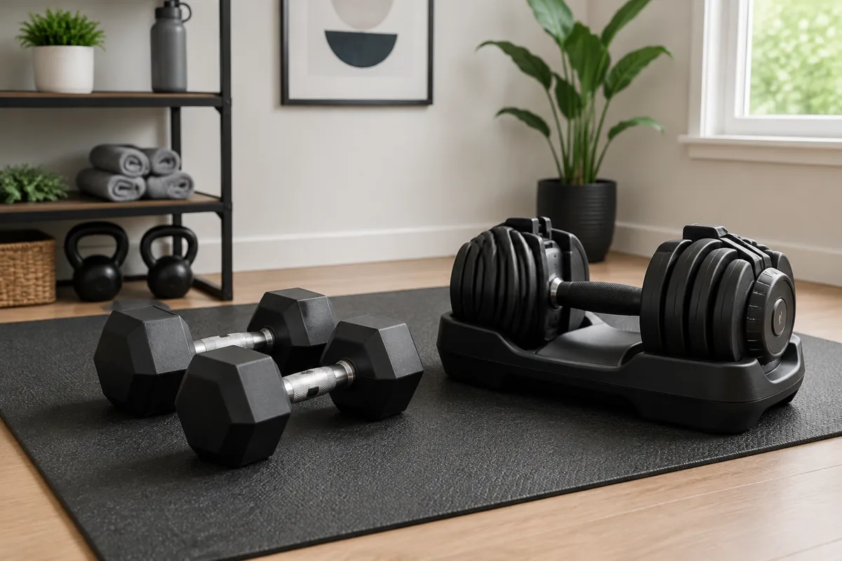Fixed hex dumbbells and an adjustable dumbbell on a rubber home-workout mat