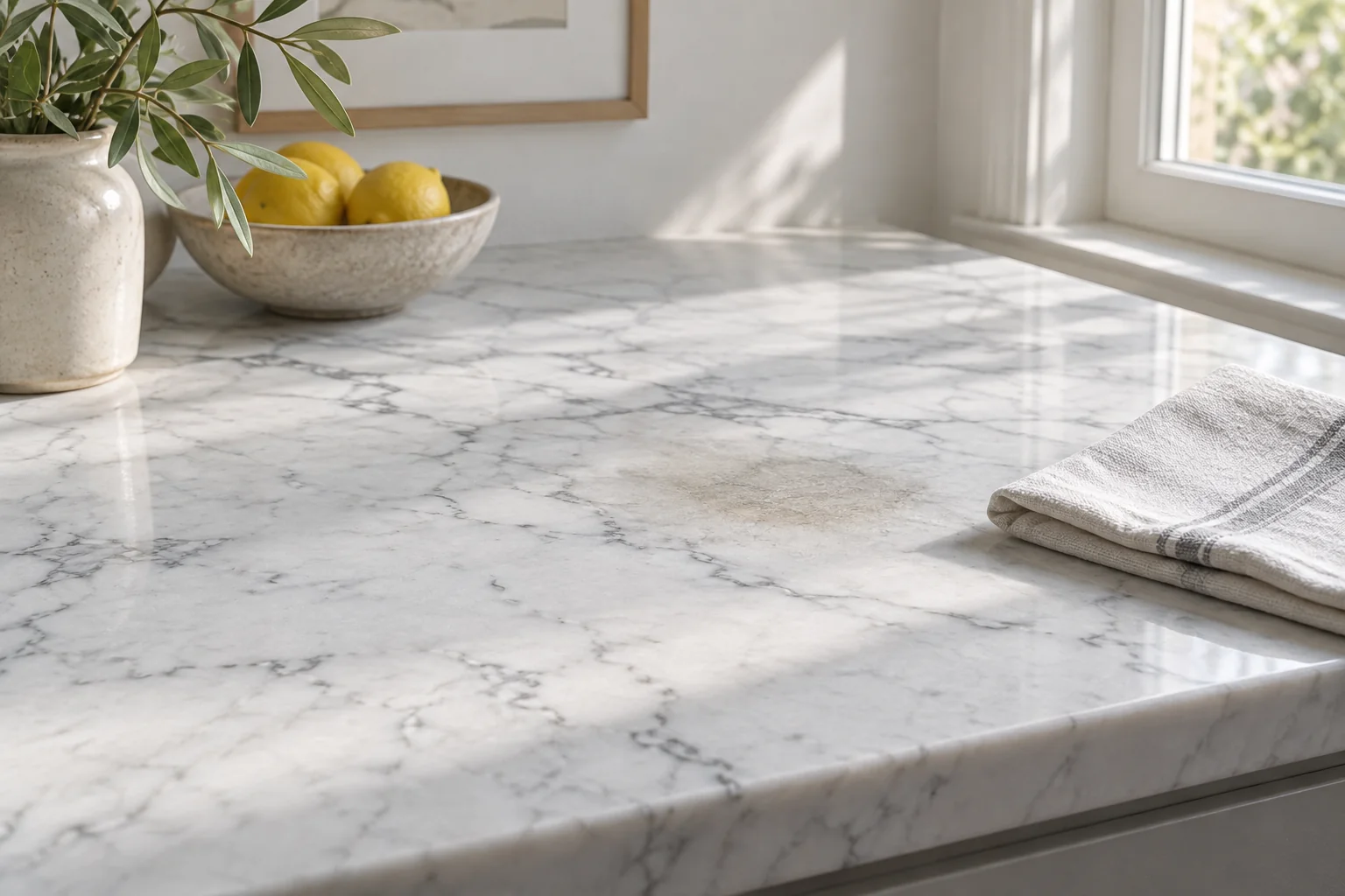 Marble surface with a faint dull patch and a dry cloth