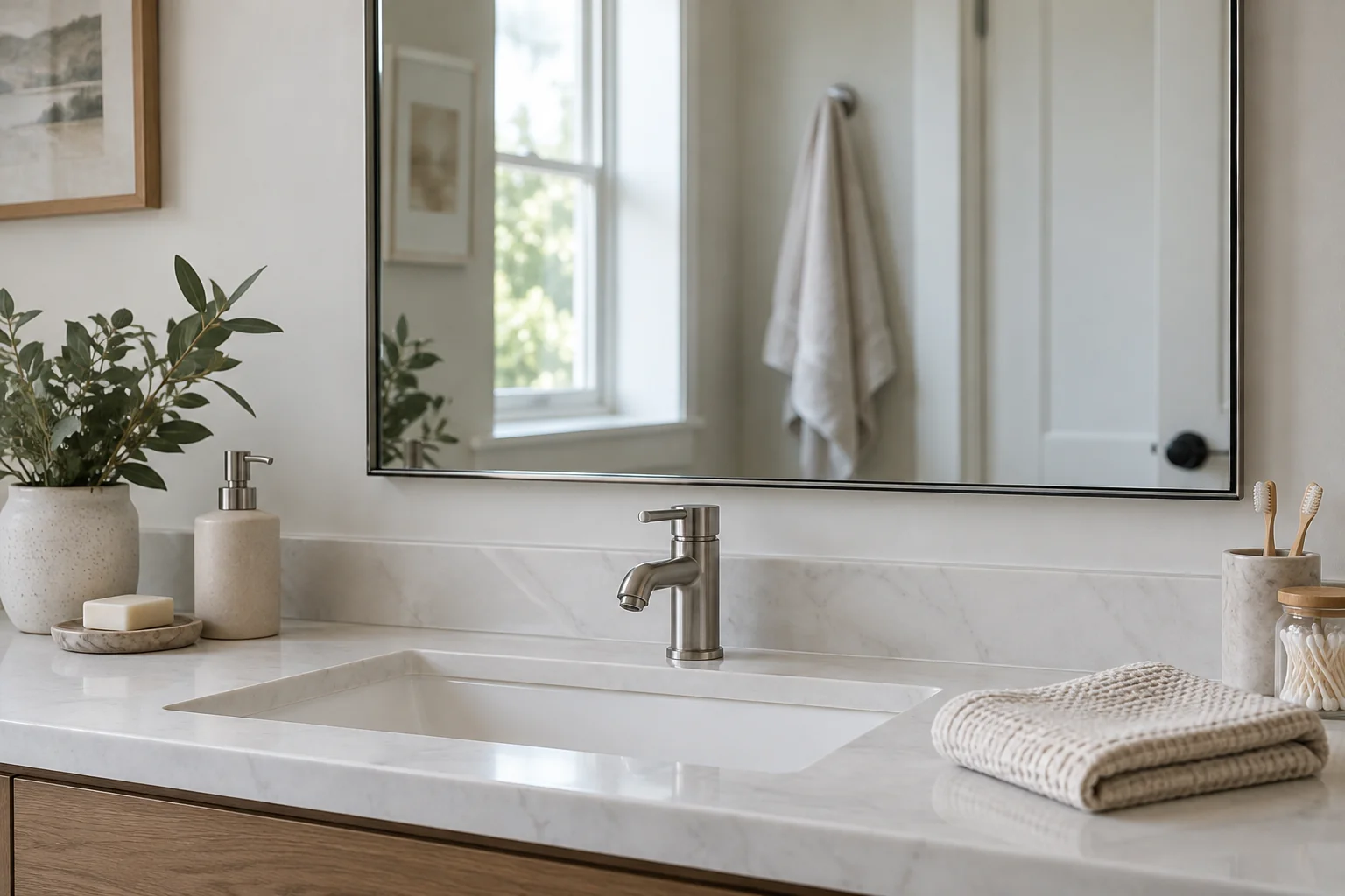 Bathroom mirror above a basin with a folded cloth on the counter