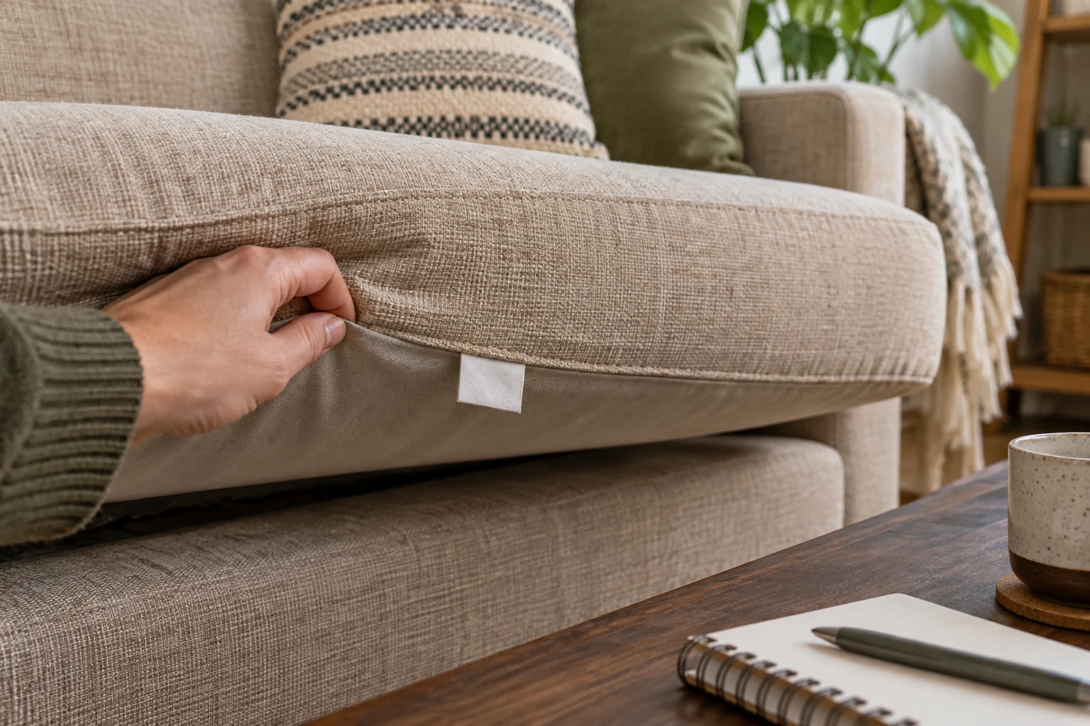 Lifted sofa cushion showing a blank care tag