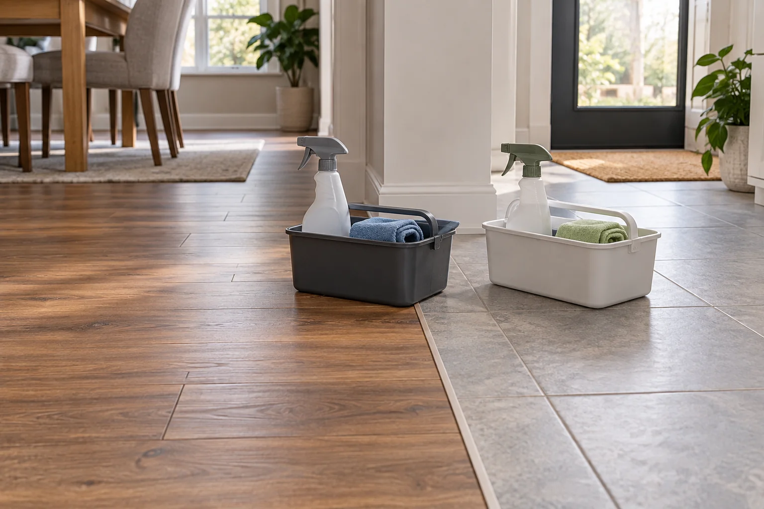 Separate cleaning caddies beside a transition between wood-look and tile floors