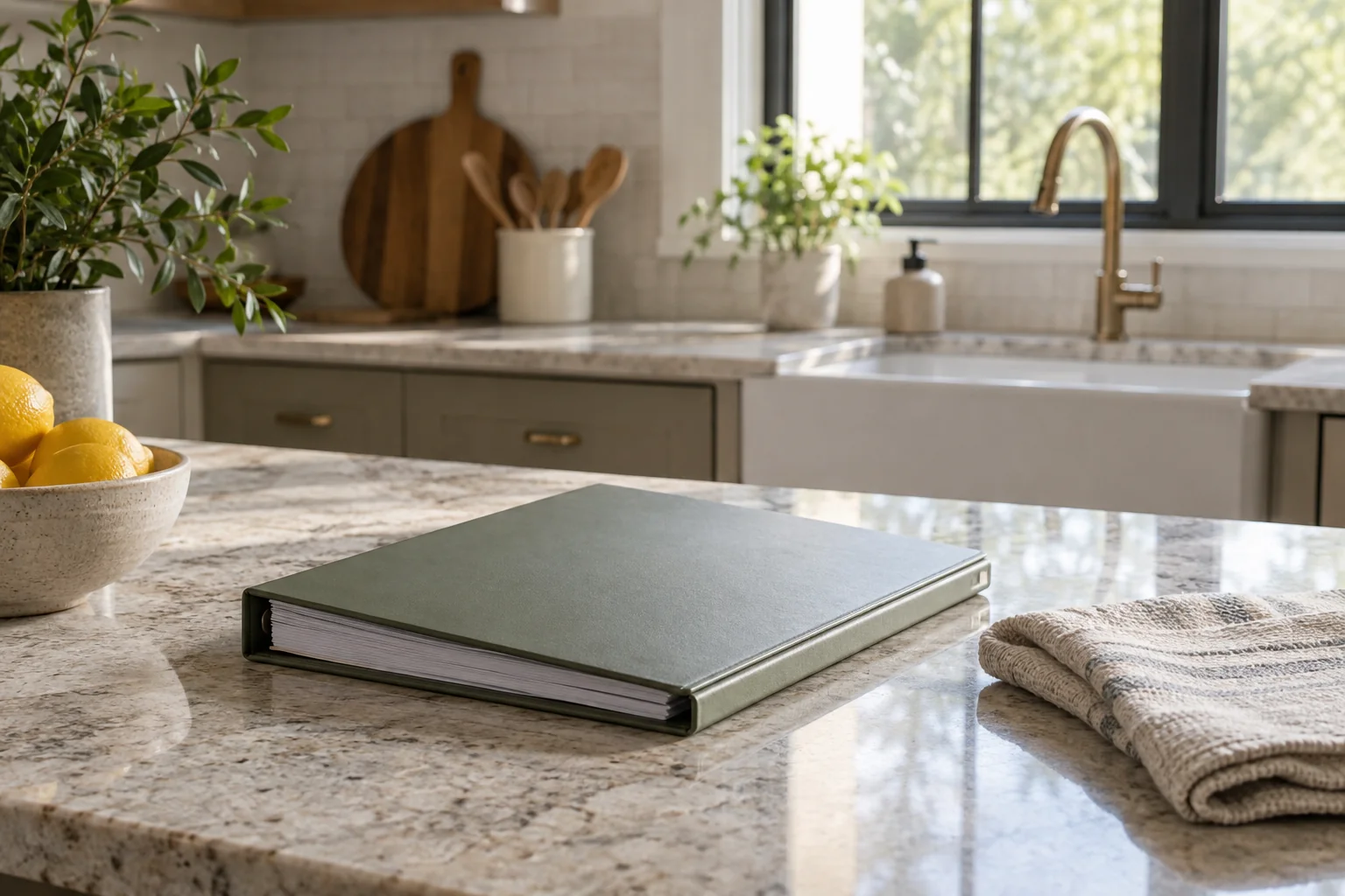 Natural stone counter with a closed plain maintenance folder and a folded soft cloth
