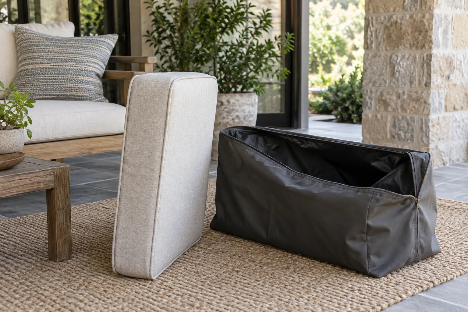 Outdoor seat cushion standing on its edge on a covered patio beside an open empty storage bag