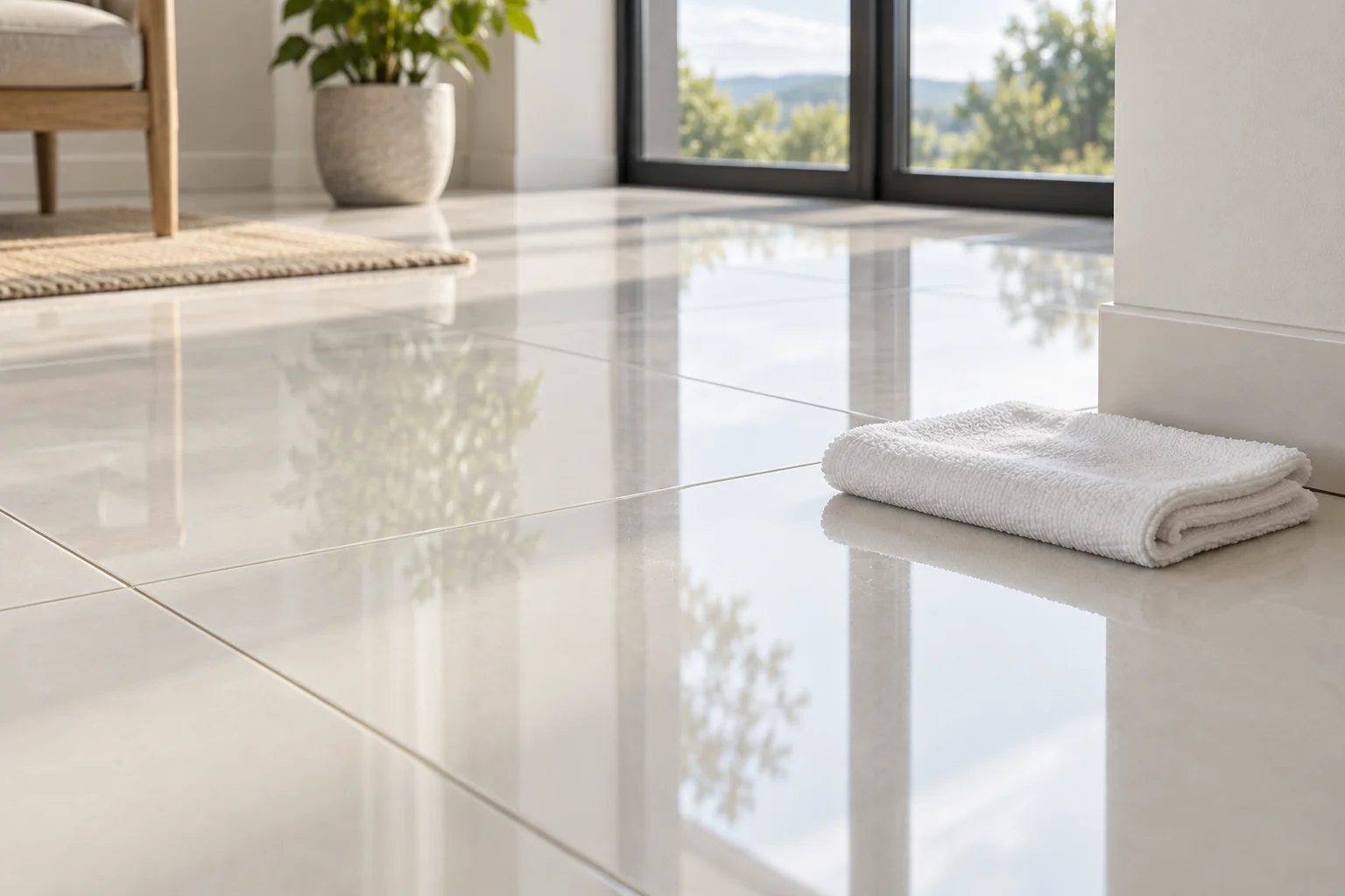 Polished light porcelain floor tiles with a folded white microfiber cloth