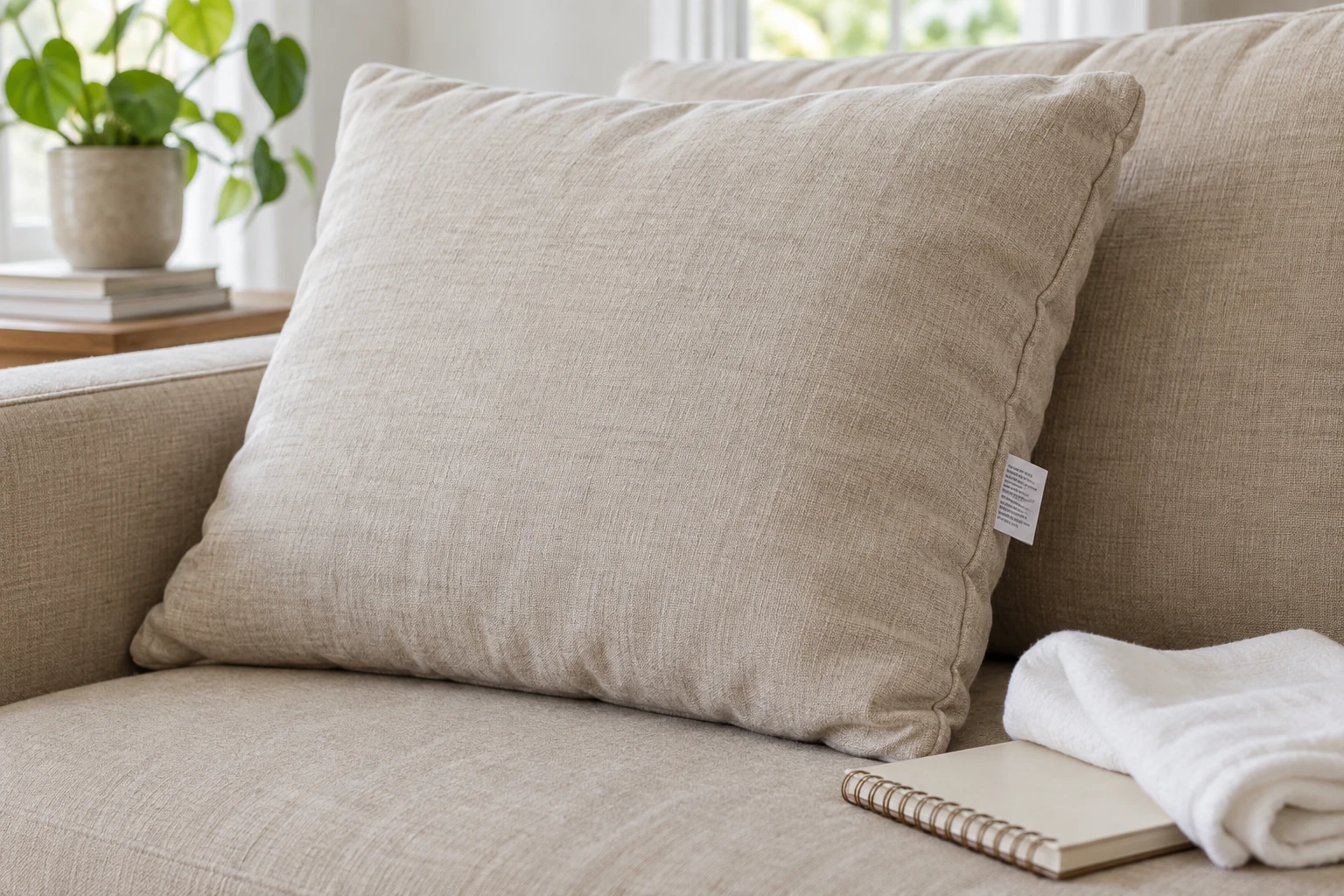 Fabric sofa cushion with its care label visible beside a notebook and clean cloth