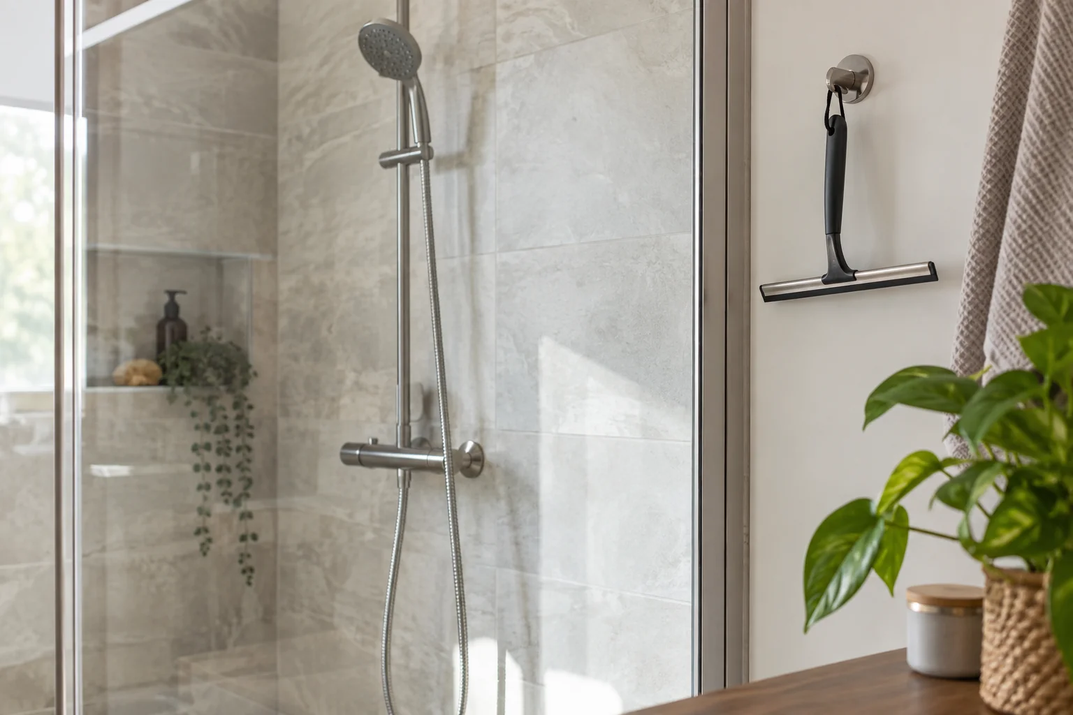 Shower glass panel with a metal frame and a nearby squeegee