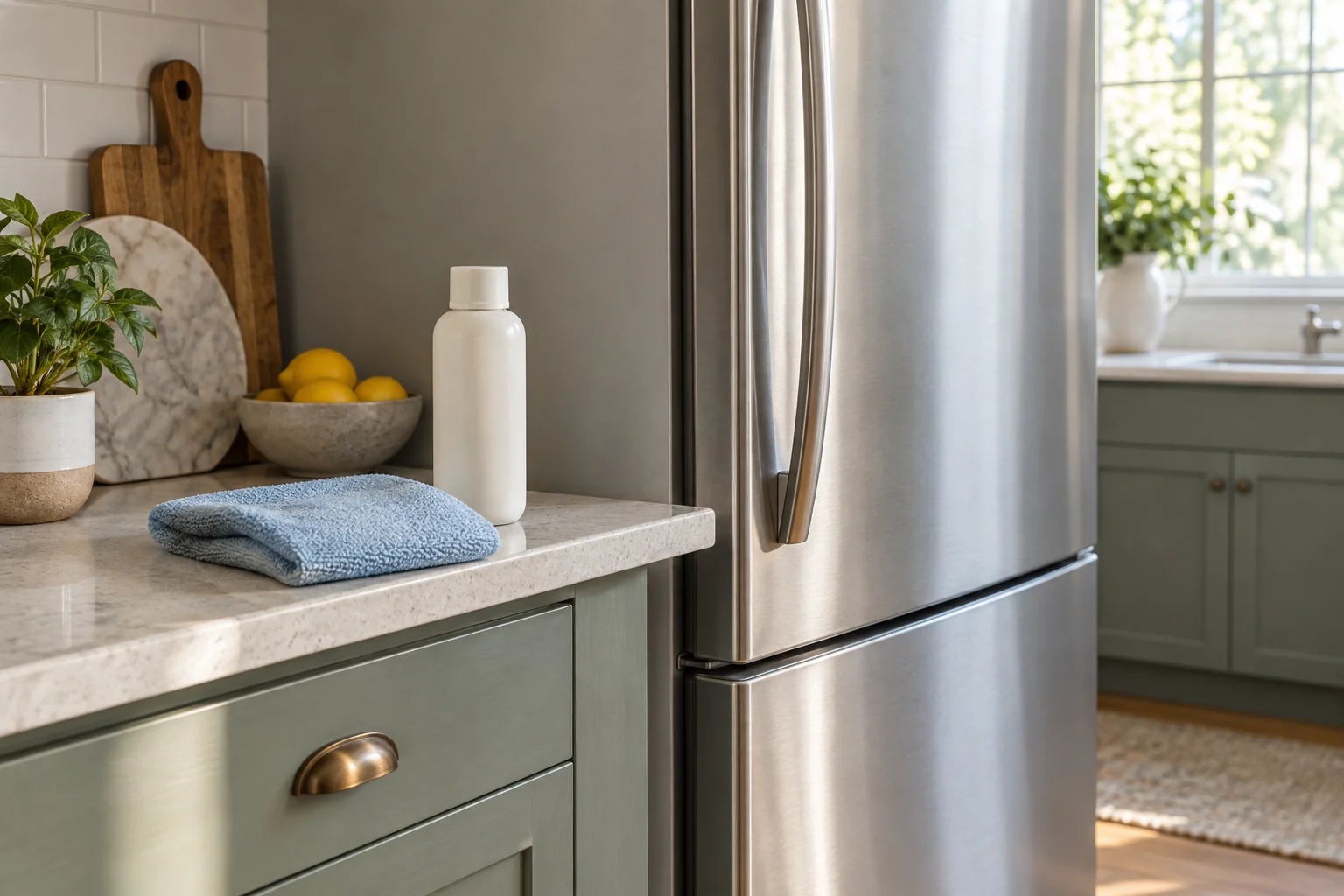 Silver refrigerator door beside a counter holding a folded microfiber cloth and closed plain bottle