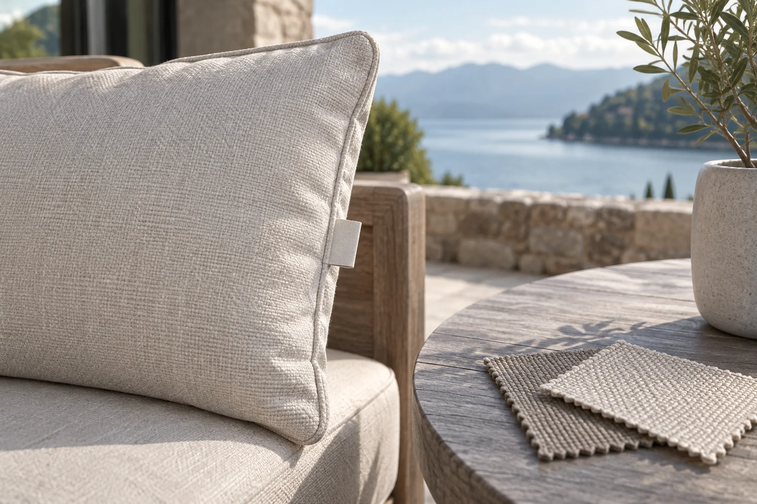 Neutral cushion with a small sewn label beside woven fabric swatches