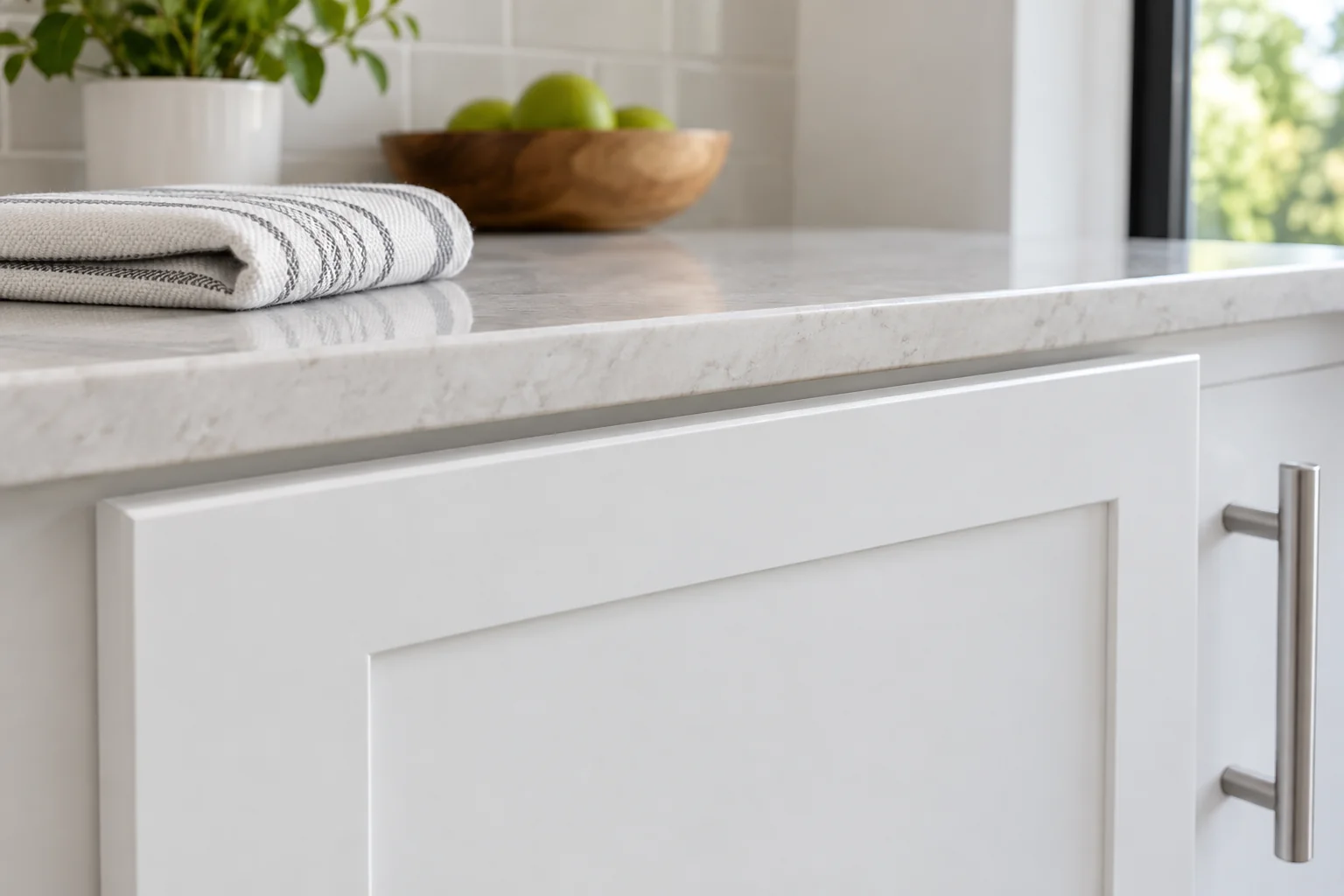 Close view of an intact white cabinet door edge with a folded soft cloth on the adjacent countertop