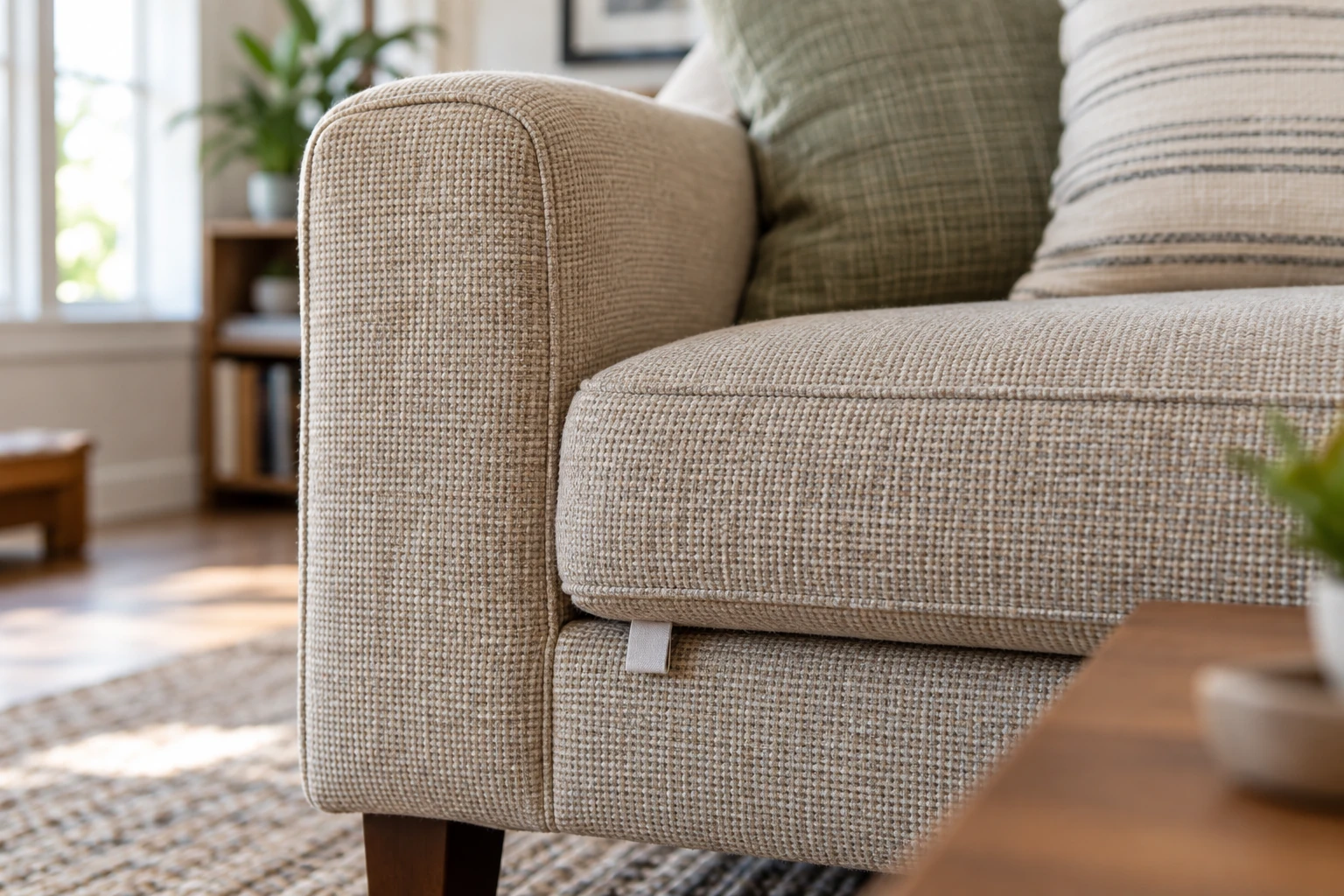 Close view of a beige woven sofa arm and seat with a blank care tag