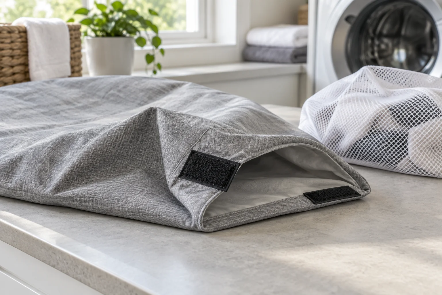 Gray textile cover with visible fastening patches and a mesh laundry bag nearby