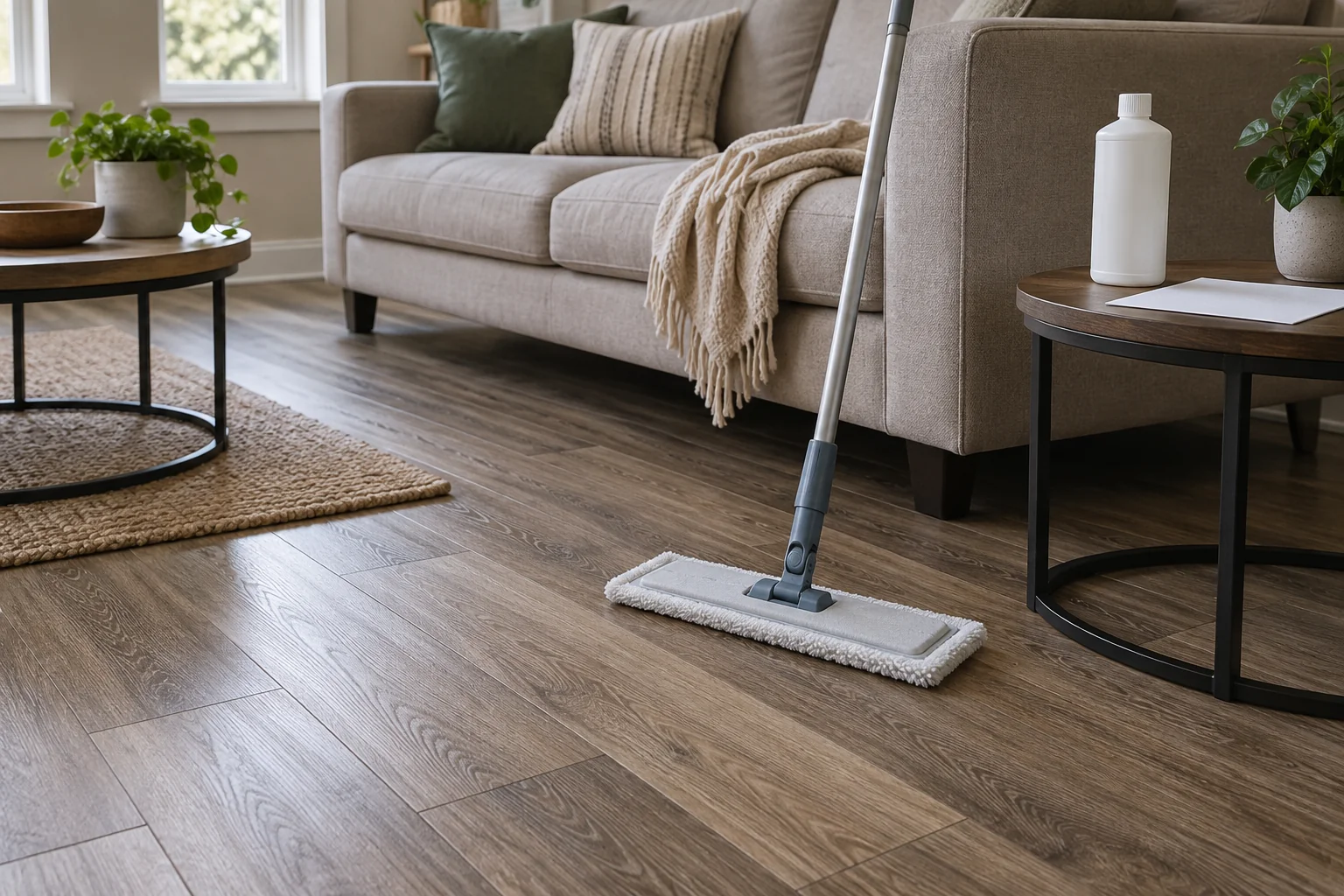 Vinyl plank flooring beside a dry flat mop, plain bottle, and blank paper