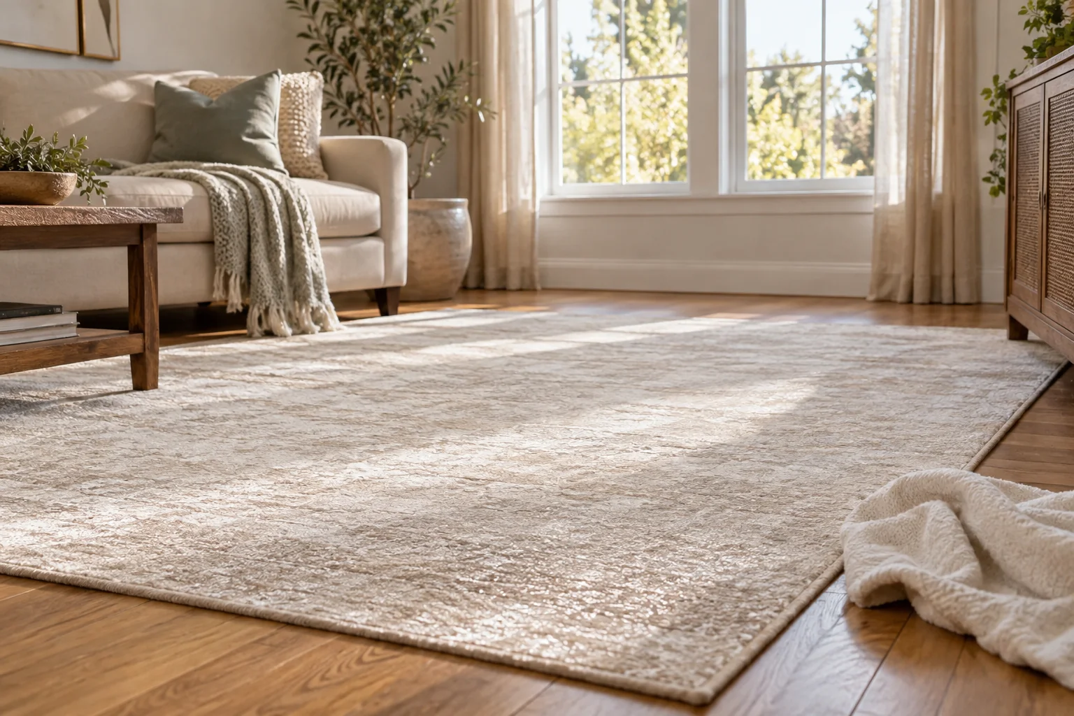 A pale lustrous area rug with a small dry white cloth resting beside its edge