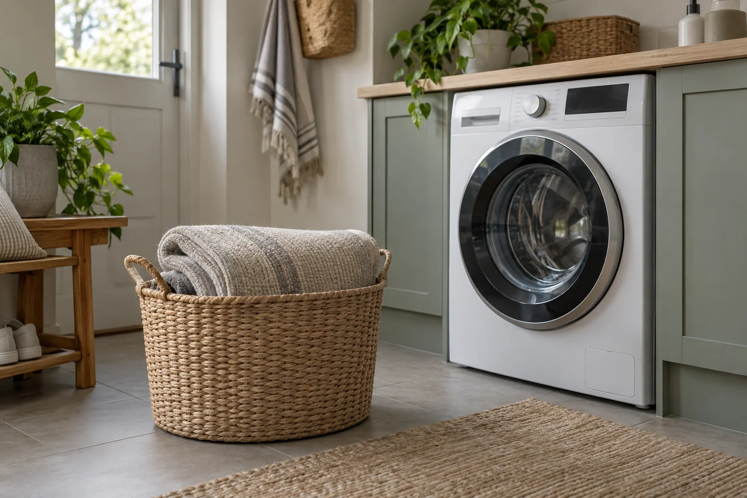 Folded low-pile neutral rug in a laundry basket beside a closed front-loading washing machine
