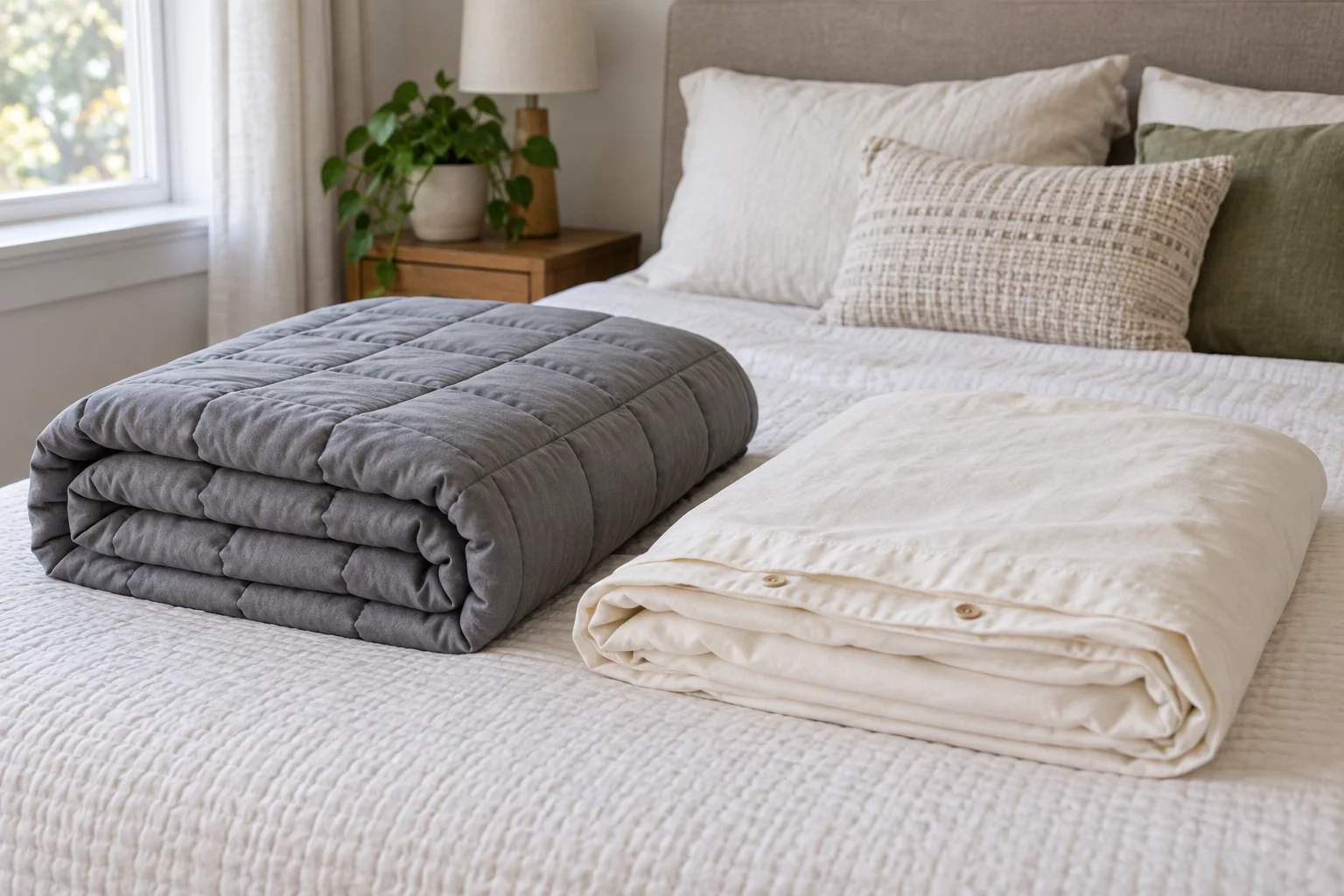Folded gray quilted blanket insert and separate cream cover lying on a bed